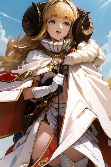 solo_focus, 1girl, (((masterpiece))), ((best quality)), ((ultra-detailed)), high resolution, absurdres, highres, ultra-detailed 8k unity wallpaper, 
aniladef, cleavage, cape, white gloves, white thighhighs, pleated skirt, fur trim, pelvic curtain, white tabard