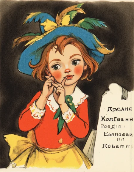 <lora:LV_NEW:1>, This is a vintage, hand-drawn illustration depicting a young child. The child is positioned centrally in the image, facing slightly to the left. They have a determined expression, with furrowed brows and a slightly open mouth, as if they are about to say something. The child has light skin and auburn hair, with a few freckles visible on their cheeks. They are wearing a blue, wide-brimmed hat adorned with yellow feathers, which adds a whimsical touch to their outfit., 
The child is dressed in a bright orange shirt with a white collar, tucked into a yellow skirt. The shirt has a green tie, adding a splash of color. The child's left hand is raised to their mouth, with their index finger extended, suggesting they are about to speak or make a point., 
The background is a dark, solid color, likely intended to make the child stand out more prominently. To the right side of the image, there is a handwritten text in Russian, which translates to "I'll tell." The illustration has a warm, nostalgic feel, characteristic of vintage children's books, with a simple yet expressive style.