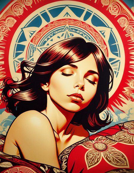 a radiant creation by Shepard Fairey of a woman looking like eleaxl6 sleeping