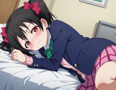 score_9, score_8_up, score_7_up, source_anime,
nikoyazawa, <lora:nico-yazawa-s1-ponyxl-lora-nochekaiser:1>,
niko yazawa, black hair, red eyes, bow, twintails, hair bow,
skirt, school uniform, jacket, blazer, winter uniform, otonokizaka school uniform,
indoors, bed, bed room, on side, blush, drunk,
looking at viewer, cowboy shot, dutch angle,