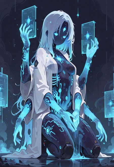 1 girl , solo ,electronic circuit tattoo , glowing hands , (see-through body , ghostly body , translucent body , blue hologram body:1.3) , circuit eye , open robe , see-through , praying hand , kneeling , ((extra arms , multiple arms)) , third eyes ,
masterpiece, best quality, good quality, newest, highres, absurdres, Ethereal Brushstroke, Flat vector illustration, h4ra_illu ,
