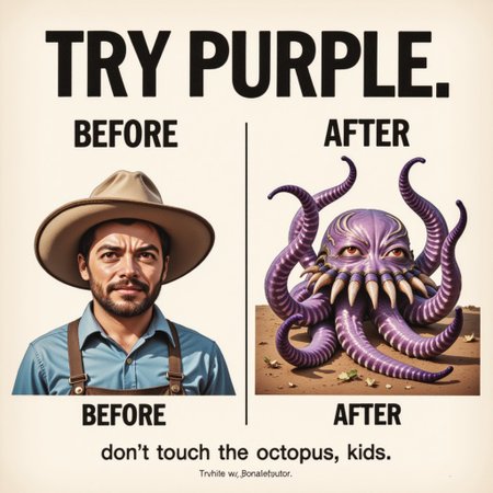 w1z_b4-4ft3r, vintage 'before & after' ad. The headline reads "TRY PURPLE" in bold typography. The ad features a dramatic before-and-after comparison. The “BEFORE” image shows a sad face of a farmer. In the “AFTER” image, a 8-tentacled purple octopus. A small text at the bottom says "don't touch the octopus, kids".