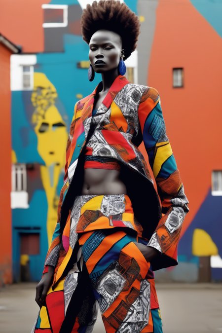 <lora:Zanele Muholi Style:1>Zanele Muholi Style - Contemporary Fashion Editorial Featuring African Patterns and Bold Colors, captured in dynamic poses against a backdrop inspired by Nigerian street art, showcasing the fusion of African heritage and modern style.