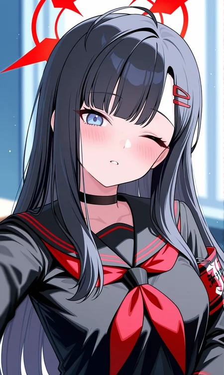 masterpiece, best quality, very aesthetic, absurdres, BREAK, 1girl,  armband, black choker, black gloves, black hair, black sailor collar , black serafuku,  blue archive,  blue eyes,  blurry blurry background, blush, choker, gloves, hair ornament, hairclip , halo, head tilt,  ichika_(blue_archive),  long hair,  long sleeves,  looking at viewer, neckerchief ,one eye closed, parted lips, red armband, red halo, red neckerchief, safety pin,  selfie,  serafuku, solo, upper body, <lora:Blushedarts_IL:1> blushedarts