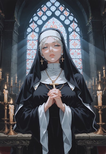 safe_pos, score_9, score_8_up, score_7_up, masterpiece, best quality, (ultra detailed background), highly detailed, fine details, ambient light, soft lighting,
BREAK
1girl, long flowing white hair, nun outfit, nun habit, mandarin collar, fur-trimmed felt cloak, decorative iron half mask, glossy lips, cross pendant, good composition, ethereal appearance, medium breasts, glamorous, half closed eyes,
(indoors:1.15), cathedral interior, looking at viewer, dynamic light, dynamic angle, detailed background, light rays, perspective, altar, candles, marble statue, dynamic background, warm tone, vermis style