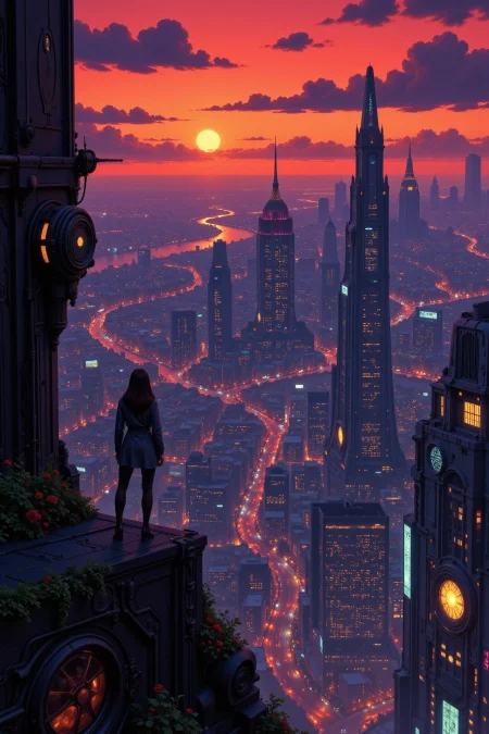 a futuristic sci-fi fantastic cyberpunk city beautiful  landscape, dusk, woman, very intricate, very detailed, sharp, bright, colorful, <lora:Hand v2:0.5> <lora:Anti-Blur:1><lora:Insane Detail Slider:0.25>  <lora:flux.1_lora_flyway_Epic-detail_v2:0.3> <lora:fluxenhancer:0.25> <lora:Anime_style:0.6> anime style
