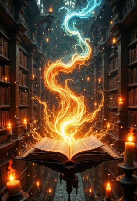 Ancient spellbook floating in mid-air, pages turning by themselves, surrounded by swirling magical runes and elemental manifestations (fire, water, earth, air), set in a mystical library with towering bookshelves and animated candles.