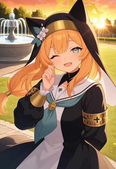 <lora:Mari__Blue_Archive:1.2>, animal ears, upper body, happy, smile, looking at viewer, one eye closed, outdoors, sunlight, sunset, flower, wind, nunmari, nun, floating hair, floating grass, park, fountain, road,