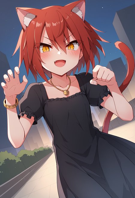 score_9, score_8_up, score_7_up BREAK
source_anime, rating_safe, 5fingers, dutch angle, outdoors, city, night, looking at viewer, paw pose, v-shaped eyebrows, blush, smirk, open mouth, :d, fang, solo, 1girl, eletrasan, red hair, short hair, hair between eyes, bangs, sidelocks, yellow eyes, cat ears, cat girl, cat tail, tsurime, thick eyelashes, slit pupils, long dress, black dress, puffy sleeves, short sleeves, necklace, collarbone, bangle <lora:elena_trafalgarPXL3_epoch_4:1>