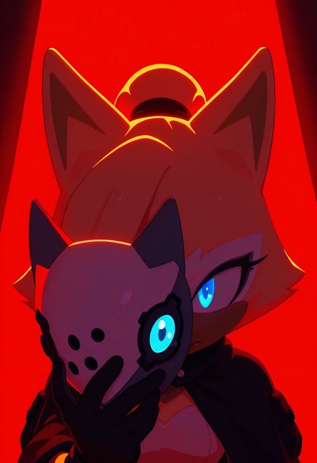 high quality, detailed, best quality, amazing quality, perfect quality, newest, highres, masterpiece, extreme detail, detailed face, solo, Whisper the wolf, blue eyes, brown body fur, r3d, red theme, close up, holding mask in front of face, eye appearing over mask, dramatic lighting, red and black mix, sonic channel (style), serous face