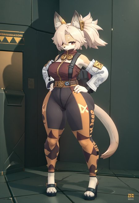 safe_pos, safe_pos, solo, 1girl, score_9, score_8_up, score_7_up, score_6_up, score_5_up, score_4_up,furry, anrhro, , full body, solo,
<, ponytail, , animal ears, netrunner suit, tail, 1girl, solo, standing full upright), awesome, masterpiece, hair over one eye,  zenless zone zero, wolf ears,furry female, body fur,  snout, sexy face Expressiveh, 
<lora:add-detail-xl:1>,,bedroom eyes , ,((extra thicc thighs)))tiptoes,  curvy round ass, tight suit future patterns, belt accessories, gynoid,  , hands in hip,furry