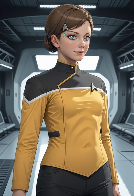 score_9, score_8_up, score_7_up, source_anime, light smile, dynamic pose, dynamic angle, sideways glance, 
BREAK
<lora:KaraDBH:0.85> 1girl, short hair, brown hair, hair bun, single hair bun, blue eyes, lips, small breasts, (slim hips:1.1), (skinny:1.2), slender, athletic,
BREAK
<lora:STTLPony:1> sttldunf  star trek black and yellow uniform, black pants, (yellow top:1.1),
BREAK
<lora:zy_Detailed_Backgrounds_v1:1>, indoors,  hangar, polished floor, science fiction, spacecraft interior,
BREAK
volumetric lighting, depth of field, cinematic, vibrant, shadows, detailed, high contrast,âââ <lora:vivid_everclear:0.3>,âââ