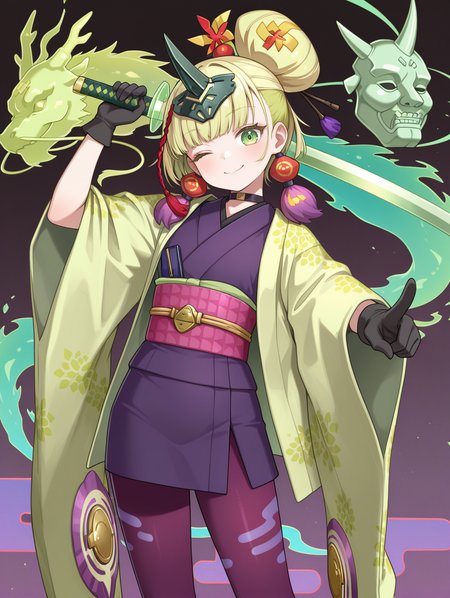 no-p.u.n.k. deer note,1girl,solo,looking at viewer,smile,holding green hologram katana,green hologram katana,green hologram east dragon,single hair bun,closed mouth,pink see-through long skirt,red hair ornament,purple tassel earrings,black gloves,black choker,black horn headpiece,green haori,purple sleeveless kimono,pink sash,purple thighhighs,egasumi,floating green oni mask,sword over shoulder,pointing at viewer,one eye closed,standing,head tilt,
masterpiece,best quality,amazing quality,very aesthetic,absurdres,newest,<lora:No-P.U.N.K. Deer Note illusXL v1:0.75>,