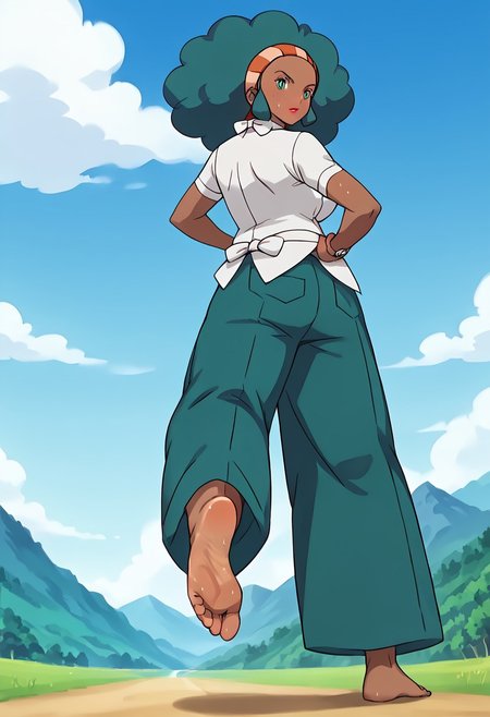 score_9, score_8_up, score_7_up, score_6_up, best_quality, source_anime 1girl, solo, 
anime screencap, anime coloring,,
PMLenora, dark skin, green eyes, green hair, big hair, afro, hairband, lipstick, large breasts,
white shirt, pocket, short sleeves, white bow, bowtie, green pants, belt,, barefoot,
mountain lake scenery, bright sunny day,
(perfect feet, realistic feet, foot focus:1.1),  high arched foot, looking back at viewer, elegant pose, detailed sole, sweaty sole, high-arched foot, wrinkled sole, back view, from below, soft lighting, (5 toes), blushing, serene expression, (standing, walking away from viewer, leg raised, sole visible), full body, very low angle, ((detailed face)), zPDXL3