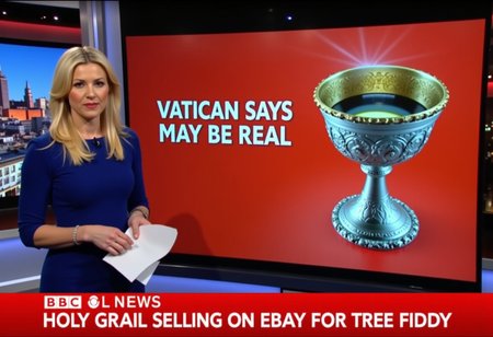 aidmatextimprover,  A high-resolution photograph of a sexy blonde anchorwoman in the **BBC Newsroom**, shuffling papers. Behind her, a screen displays an ornate silver chalice with **"VATICAN SAYS MAY BE REAL"** in bold text. The **BBC NEWS** overlay reads: **"HOLY GRAIL SELLING ON EBAY FOR TREE FIDDY."**