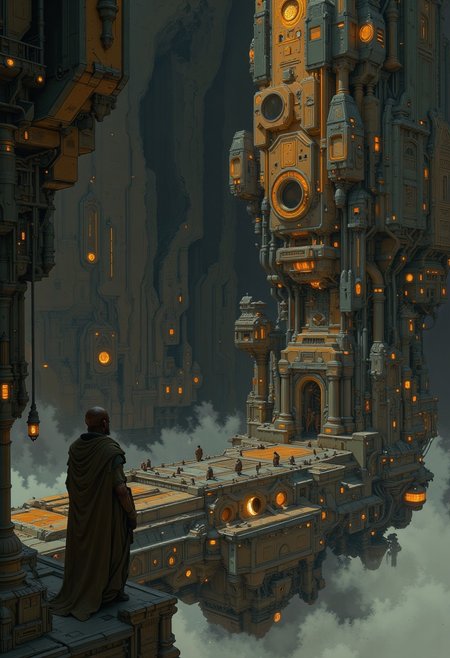 Cyberpunk concept art. Medium shot. An African female warrior in a shipsuitstands on a military spaceship. Painterly. Soft brushstrokes,  golden accents. Ambient lighting with complementary colors. Deep shadows, misty atmosphere. 8k resolution, cinematic film still, futuristic architecture, sci-fi illustration, avant-garde, digital art, high contrast, vibrant colors. Wcol style