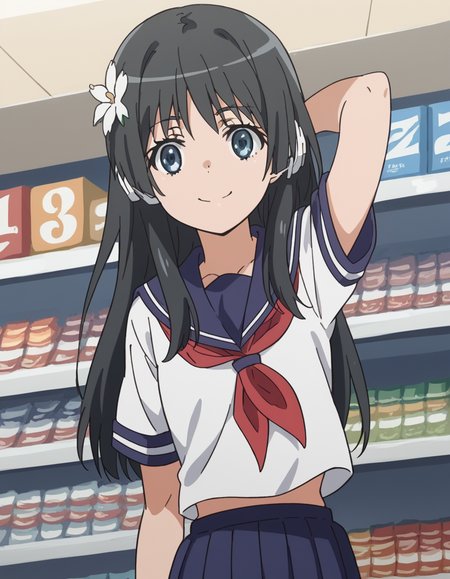 score_9, score_8_up, score_7_up, source_anime, <lora:saten-ruiko-s3-ponyxl-lora-nochekaiser:1>, saten ruiko, black hair, blue eyes, long hair, hair ornament, flower ornament,, blue skirt, pleated skirt, sakugawa school uniform, school uniform, serafuku, skirt, summer uniform,, music store, browsing records, headphones, vinyl collection, nostalgic, smile, , foot forward, hand behind head, elbow down, solo,, cowboy shot, dutch angle