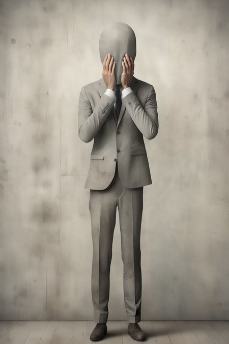 <lora:Gabriel Pacheco Style:1>Gabriel Pacheco Style - A man in a tie, hiding his face with his hands. Gabriel Pacheco style, naturalistic figures, hyper-realistic accuracy, dignified poses, the back wall in muted gray tones