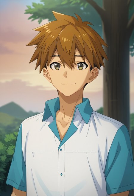score_9, score_7_up, source_anime, 
yokoya, 1boy, male focus, solo, brown eyes, brown hair, hair between eyes, short hair, multicolored clothes, shirt, collared shirt, blue shirt, white shirt, short sleeves, smile,
outdoor, sky, tree, cloud,