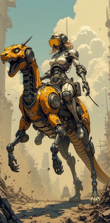 dieselpunk scene of masked cyborg girl riding on mechanical robotic long snake with orange scales through devastated battlefield, huge snake with robotic body and without legs,  <lora:CPA:1> <lora:BLUE_mk4_angel_FLUX_01:1.3>  <lora:dieselpunk-delight:1>