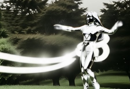thick energy beam wrapped around waist of chrome statue of power ranger Trini, long straight chrome hair tucked-behind-shoulders, fringe, alone, helmetless, chrome catsuit, chrome turtleneck collar, chrome gloves belt boots holster, large chunky chrome hoop earrings, worried facial expression, gasping, entirely made of chrome, hyperdetailed photography, in rural park