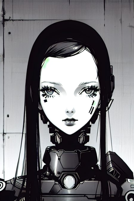 cyborg girl portrait, dim light, ((heavy black and white)), <lora:Blame!:1>