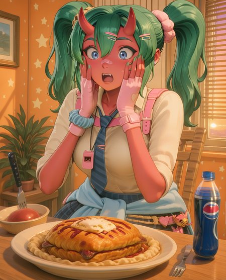 highly detailed, (upper body:1.3),  (detailed background, kitchen, sunset, golden hour, shutters, blinds down, blinds, wooden table, wooden chair, orange interior, indoors:1.2),  (delicious food, surprised, hands on own face, food focus, pepsi, fork, knife, pepsi on plate:1.5), fortnite_nemia, 1girl, solo, green hair, twintails, ponytail, long hair, bangs, hair between eyes, hair over one eye, ears, horns, oni horns, single horn, red skin, pink skin, blue eyes, parted lips, bandaid, bandaid on nose, bandaid on thighs, breasts, shirt, school uniform, necktie, plaid skirt, thighhighs, socks, loose socks, boots, jewelry, earrings, bracelet, charm, belt, gloves, fingerless gloves, knee pads, leg warmers, collarbone, solo, colored skin, hair ornament, hairclip, scrunchie, holster, striped necktie, clothes around waist, oni, plaid, charm (object), blue necktie, sweater around waist, animal print, heart, shoes, star (symbol), thigh holster <lora:Fortnite_Nemia_Demonically_Cute_Set_ILXL_E41_16_DIM:1>, <lora:delicious_food_surprised_hands_on_own_face:1>