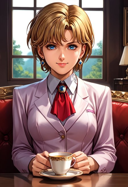 score_9, score_8_up, score_7_up, source_anime, , (best quality) , (highly detailed) , (best quality) , (highly detailed) ,((masterpiece)), ((best quality)), (ultra-detailed), ((extremely detailed)), (high resolution), 4K, (8K), best quality, (beautiful), (dynamic lighting), (super detailed skin), sharp focus, (1_girl, solo focus), shiny skin, masterpiece ,absurdres ,detailed face ,<lora:pony_xl_Hildegard:0.8>,Hildegard,score_9,score_8_up,1girl,female,kawaii,solo,short hair,earrings,suit,white collared shirt,ascot,brooch,upper_body,looking_at_viewer,smile,closed mouth,sitting,couch,table,window_,curtains,stretching your spine,cup,teacup,saucer,parody,, cinematic lighting, Intricate, High Detail, Sharp focus, dramatic, masterpiece, best quality, ultra-detailed, detailed, detailed body, detailed face, UHD, kawaii, cute, very big eyes, Aesthetic Anime Eyes,  (8k, masterpiece, best quality, ultra-detailed),