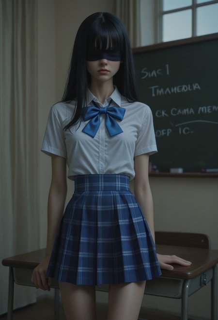(((black hair))), long hair, (((bangs over eyes))), (((black blindfold))), Russian, Caucasian, (Cinematic Angle), (((skinny, petite))), Masterpiece, Best Quality, Best Score, Best Anatomy, (skinny, slim, slender, narrow waist, abs:1.3)(Narrow waist:1.6)(Cinematic Angle), ((( skinny, petite))), Masterpiece, Best Quality, Best Score, Best Anatomyr, masterpiece, amazing quality, best quality, ultra-detailed, 8K, illustration, CG, 1girl,
1girl,solo,looking at viewer, echo (circa),ksg skirt, plaid skirt, white shirt,school uniform, blue bow, blue skirt, nerissa_ravencroft,annoyed, class room, chalkboard, tables, window, curtains,