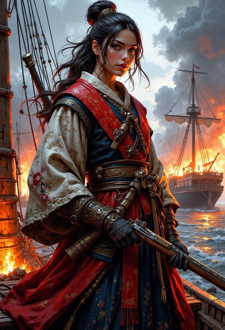 oil painting, rough, textural, broad brush strokes, of a stunning chinese pirate woman holding flintlock musket, standing on deck of burning ship, mythp0rt