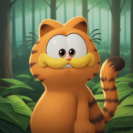 score_7_up, BREAK,  no humans, Garfield, solo, brown eyes, orange fur, cat ears,   <lora:Garfield_XL_Leaf1v2:1>, forest,