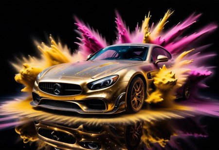GOLD LIQUID METAL sports car, race car, racing through SILVER LIQUID METAL, liquid metal sprays up from the cars tyres, Car drifting in a black void, huge Colorful Powder Explosion above the car