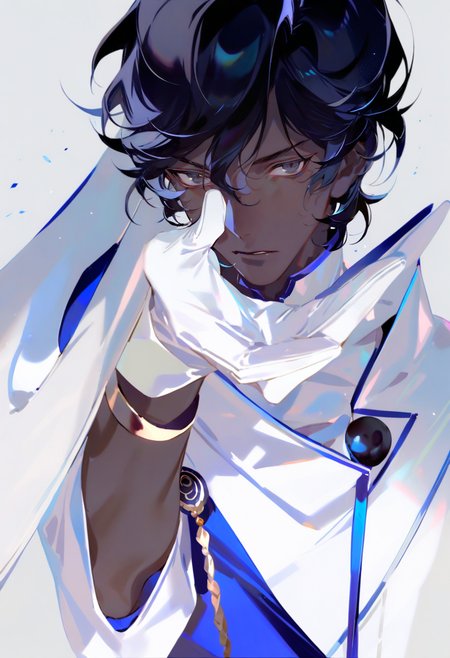 masterpiece, best quality, <lora:reiXL_ANI31_lokr_V4312:0.95> arjuna \(fate\), solo, male focus, 1boy, white gloves, dark skin, gloves, dark-skinned male, looking at viewer, black hair, simple background, upper body, white background, short hair, hair between eyes, bishounen, jewelry