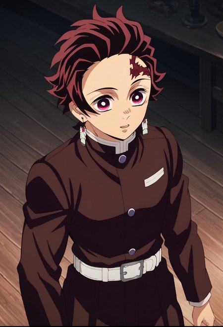 score_9, score_8_up, score_7_up, source_anime, rating_safe, kamado tanjirou, red-white_Tanjiro_eyes, white-red_Tanjiro_earrings, red_Tanjo_scar on forehead, 1boy, male focus, anime screencap, black-white_Tanjiro_jacket, white_Tanjiro_belt, black_Tanjiro_pants, demon slayer uniform,