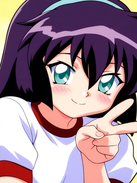 general,highres, ultra-detailed,very aesthetic,best quality ,best hands, BREAK  <lora:Amano_Misao_Pretty_Sammy_IS:1>
Amano_Misao, 1girl, solo, purple hair, long hair, bangs,  light blue hairband, green eyes,  hair between eyes, 
smile, blush, looking at viewer, shirt, white shirt, closed mouth, v, gym shirt, upper body, ponytail, blue eyes, hand up, portrait
