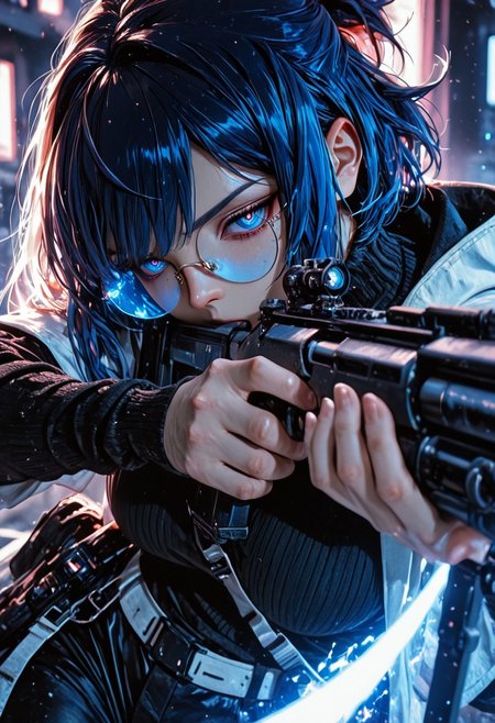 highres, very detailed, amazing quality, masterpiece,
very aesthetic,
particle effect,
1girl, Andreana from Arknights, large breasts, curvy, short hair, streaked hair, blue hair, white hair, short ponytail, blue eyes, round eyewear on eyes, blue-tinted eyewear, white jacket, hooded jacket, hood down, open jacket, layered sleeves, short over long sleeves, black sweater, turtleneck sweater, black pants, white belt, black bag, fanny pack,
Aiming a sniper, holding a sniper rifle, looking at viewer, 
Close up, depth of field, ray_tracing, cowboy shot, extreme foreshortening, very aesthetic, cinematic,