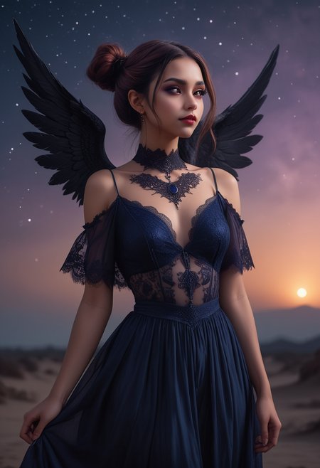 (medium full shot) of (enchanting dark angel with black wings) young woman, willowy build, extra long red low bun hair, arabian, tan skin, light brown eyes, dressed in a dark blue lace gown with ethereal designs, ballet flats with gothic designs, dark purple lipstick, holding a mystic orb gothic choker, set in  a twilight sky, with fading light, rising stars, the first glimpse of night, and an air of magic, during twilight, woman smiling, ,Masterpiece,best quality, raw photo, realistic, very aesthetic, dark