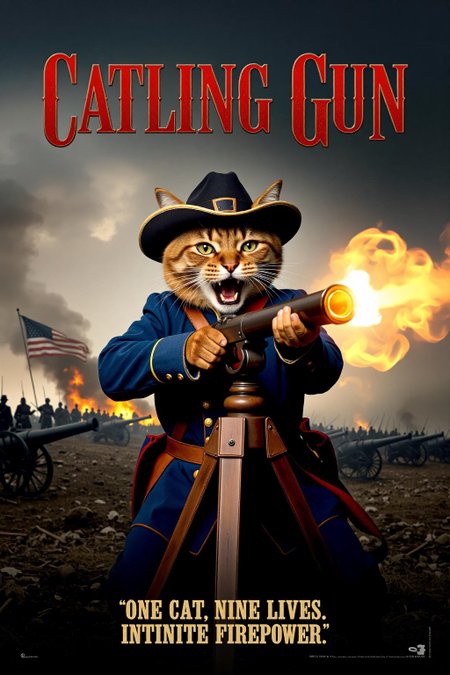 ,mvpstr. Epic movie poster titled"Catling Gun" featuring a fierce and determined cat dressed as a Civil War soldier. The cat is wearing a weathered blue military uniform complete with brass buttons, a cavalry hat, and a sash, adding authenticity to the scene. The cat is gripping and firing an old-fashioned Gatling gun mounted on a wooden tripod, with vivid sparks and smoke billowing out from the rotating barrels. Its face is animated with rage, fur bristling, and eyes wide, as if shouting a battle cry.
In the background, the battlefield is chaotic, with cannonballs exploding and soldiers silhouetted in the distance. A faded American flag waves dramatically in the smoky air. The title 'Catling Gun' is boldly displayed in a vintage, metallic font at the top, with dramatic red and gold tones. Below, a tagline reads: 'One Cat. Nine Lives. Infinite Firepower.' The overall tone is intense yet humorous, blending historical accuracy with the absurdity of a cat in this role. <lora:schnell_v1.0:1.0> <lora:EpicMoviePoster-000015:0.8><lora:797238688829527527:0>