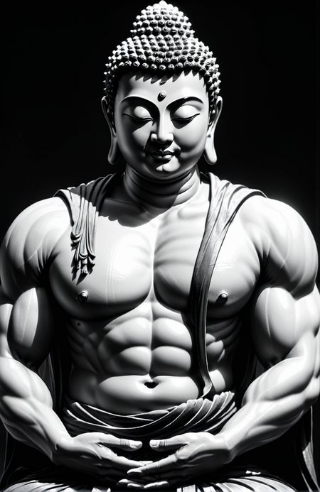 Hunky Buddha Extreme Muscle💪 👕, Abstract Darkness, sidelighting highlights the texture of the Buddha's muscular details and texture 💡, grayscale with the muscle highlights ⚪⚫ 🟠, High Contrast, Black and White Gray Scale, Majestic Silence, Bust portrait, Full-length portrait, emphasizing the combination of clothing and the Buddha's image 👕💪