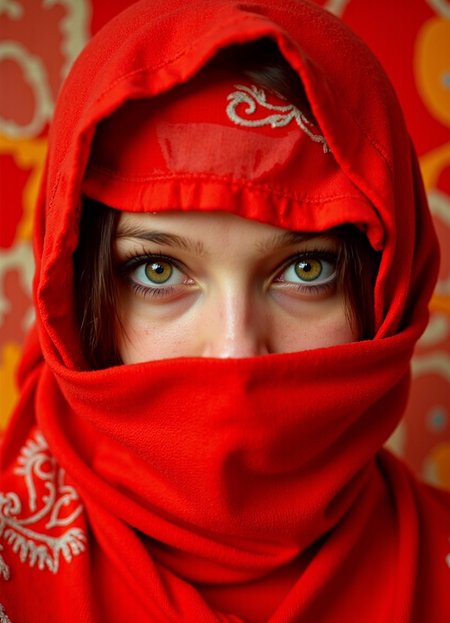 iphone photo (full body shot:1.5) image of an (Irish-Romanian:1.65) (25-year-old:1.1) woman a nomad portrait of mysterious eyes framed by a red cloth. The focus is on the eyes, which impress with realistic details and an intense expression. The background is in warm red and orange tones that create an oriental or desert-like atmosphere. The texture of the fabric features abstract, flowing patterns, while the colors are strong and contrasting to emphasize the depth of the artwork.
(photorealistic:1.25), UHD, (shot on a Sony A7III:1.25), optimal photography, natural lighting . large depth of field, deep depth of field, highly detailed