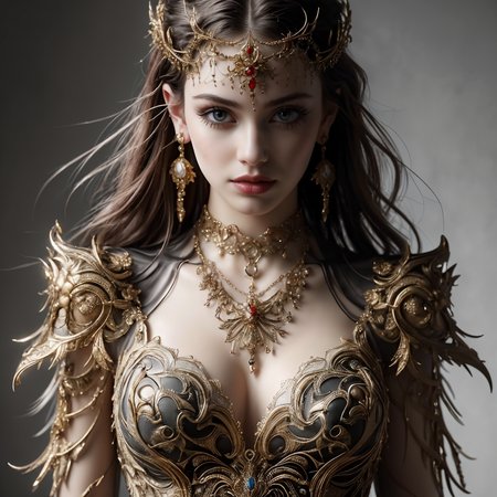 RAW photo, (masterpiece:1.3), subsurface scattering, heavy shadow, (high quality:1.4), (intricate, high detail:1.2), professional photography, HDR, High Dynamic Range, realistic, ultra realistic, photorealistic, high resolution, film photography, ambient lighting, atmospheric effects, <lora:detail_slider_v4:2>, OverallDetail,  <lora:DarkElfClothes:0.8>,1girl,dec, earrings, forehead mark, upper body, gloves, glowing, gradient background, grey background, long hair, necklace, solo, white background, perfect hands, epiCPhoto