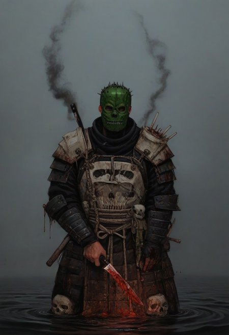 (score_9, score_8_up, score_7_up), drhdr_style, 1boy, solo, sketch, green mask, japanese armor, knife, holding knife, blood, magic, slull mask, skull, low light, darkness, man standing knee-deep in black water and holding weapon, black smoke, skinny