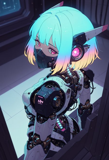 <lora:ck-nc-cyberpunk-IL-000011:0.60>,  masterpiece, best quality, good quality, very aesthetic, absurdres, newest, 8K, depth of field, focused subject, dynamic angle, side view, from above, action shot, wabi sabi android woman, rainbow hair, glowing hair, gazing at the viewer, clean visible face, clean white rectangular ceramic material and mechanical parts, their face mask is open, one eye has mechanical enhancements, servos, wires, exposed circuits, skin, (futuristic fractal shaped artemis station in background, window view), Sci-fi anime movie (style by George Shaw),shallow depth of field, vignette, (Fujicolor Superia X-TRA 400) , (bioluminecent glow:0.8),
in the style of cknc,
<lora:MoriiMee_Gothic_Niji_Style_Illustrious_r1:0.5>
<lora:ck-neon-retrowave-IL:0.85>
<lora:ck-shadow-circuit-IL:0.35>