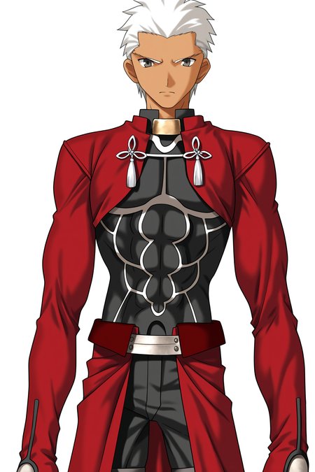 fatesnha, oekaki, solo, looking at viewer, long sleeves, 1boy, closed mouth, brown eyes, standing, jacket, white hair, male focus, cowboy shot, pants, dark skin, grey eyes, frown, transparent background, dark-skinned male, tassel, serious, straight-on, archer \(fate\), 
(masterpiece, best quality, absurdres, highres, newest, very awa:1.2), 