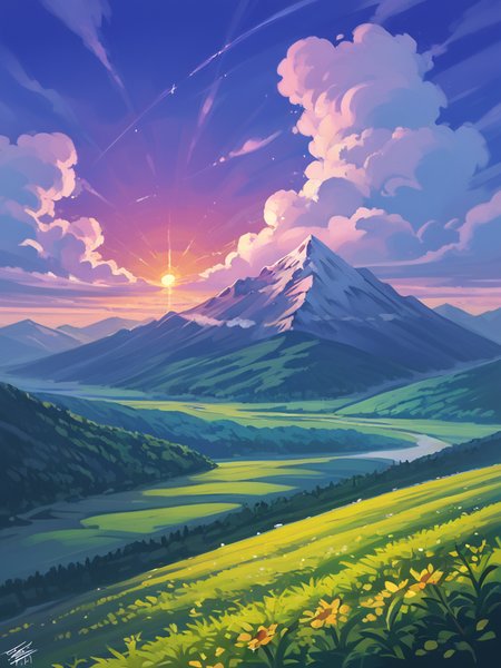 PDXL, <lora:KajpoV1:1>, k4jp0, volumetric reflections, volumetric shadows, HDR, shot on Canon DSLR,
landscape, mountain in the center, sun behind the mountain, clouds