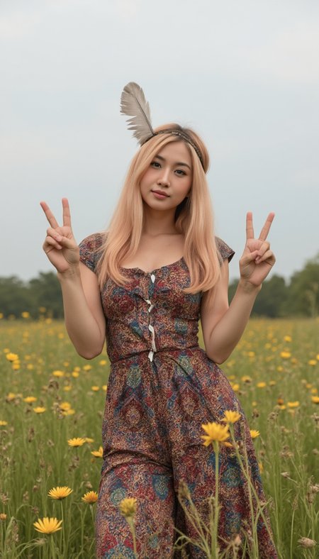 Generate a photorealistic image of a hippie girl taken with an apple iPhone.

She has long, flowing peach hair with A delicate headband adorned with a single, long feather that gracefully trails down her back. The feather is soft and airy, with subtle hints of Sheffield Gray shimmering within.. 

She wears a flowing maxi dress with spellbinding colors and rainbow-like patterns. 

She stands in an open field of flowers with two fingers up in a peace sign

She has realistic skin that is not flawless. She has Sad grey eyes. She has a long nose. She has a prominent chin. She has a colossal Athletic breasts. She has natural unshaven body hair.  She has not recently showered, her skin may be a little bit dirty. She wears little make-up except for her lip gloss.  She has unpainted toenails
