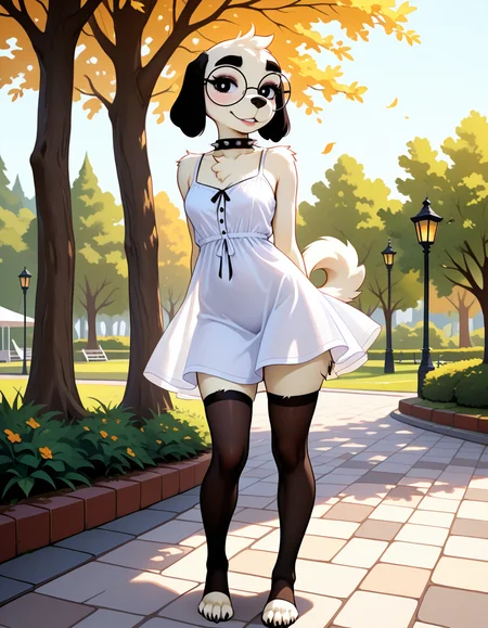 masterpiece, best quality, very aesthetic, absurdres,
outdoors, park, 
sundress, thighhighs, 
standing, posing, barefoot, 
full body, seductive smile, parted lips, long eyelashes,
 <lora:Molly_v01_NAIXL:1>
Molly,1girl,solo,furry,furry female,dog girl,dof ears,short hair,black eyes,thick eyebrows,round eyewear,snout,animal nose,spiked collar,body fur,white fur,dog tail,