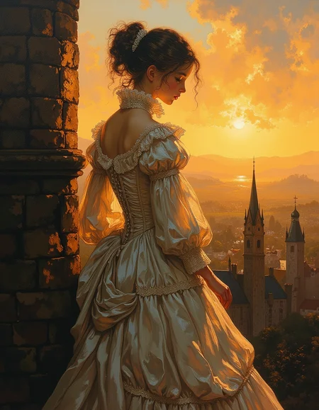 oil painting of HBClaflin style of a graceful young girl in standing on top the tower of a high castle, she is wearing a Victorian dress that is tightly corseted, hooped, and bustled. She is watching a sun set. masterful painting, oil on canvas, shadow and light, Masterpiece, intricate lines, intriguing atmosphere, sharp magnificent details, delicate features, elaborate details, (2\3 rule composition:0.5), ultra detailed, romantic, Rembrandt lighting, brush stroke, lovely, del1cate_balance style, in the style of Rembrandt. vantablack <lora:style_of_Rembrandt_FLUX_135:.8> <lora:- Flux1 - vanta_black_V2.0:.3> <lora:Delicate_Balance:.3> <lora:neeeg_f1:-1> <lora:Midjourney_Whisper_Minimal:.3> <lora:H. B. Claflin:.6>