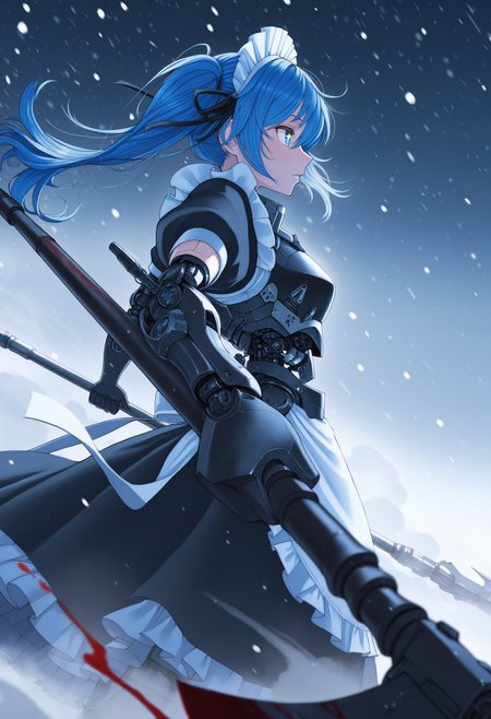 mechabare, artist:[vinne|hataya|itou (onsoku tassha)|yoneyama mai|quasarcake|diyokama|sukabu], 
1girl, single mechanical arm, mechanical parts, robot joints, solo, blue hair, long hair, side ponytail, black gloves, mecha musume, star-shaped pupils, frilled dress, profile, black dress, maid headdress, blood, elbow gloves, armor, from side, floating hair, parted lips, black ribbon, short sleeves, holding axe, polearm, looking ahead, dust cloud, depth of field, snowing, foreshortening,
masterpeice, best quality, very aesthetic, absurdres