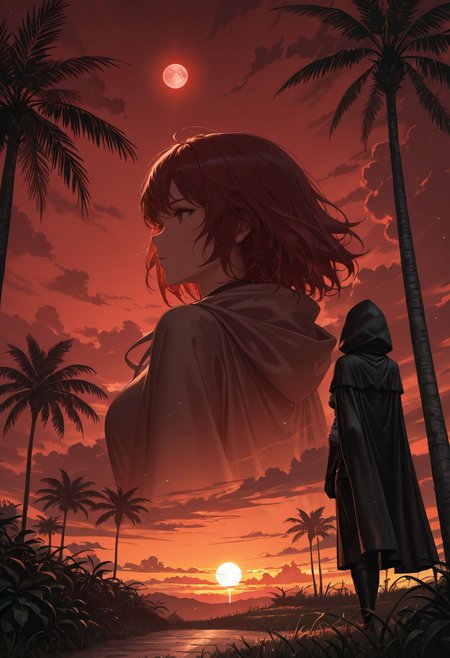 Smooth Quality, beautiful and intricate hair, 1girl,  cape, cloak, cloud, cloudy sky, evening, grass, hood, hooded cloak, moon, orange sky, outdoors, palm tree, plant, potted plant, red sky, scenery, sky, solo, standing, sun, sunset, tree, twilight